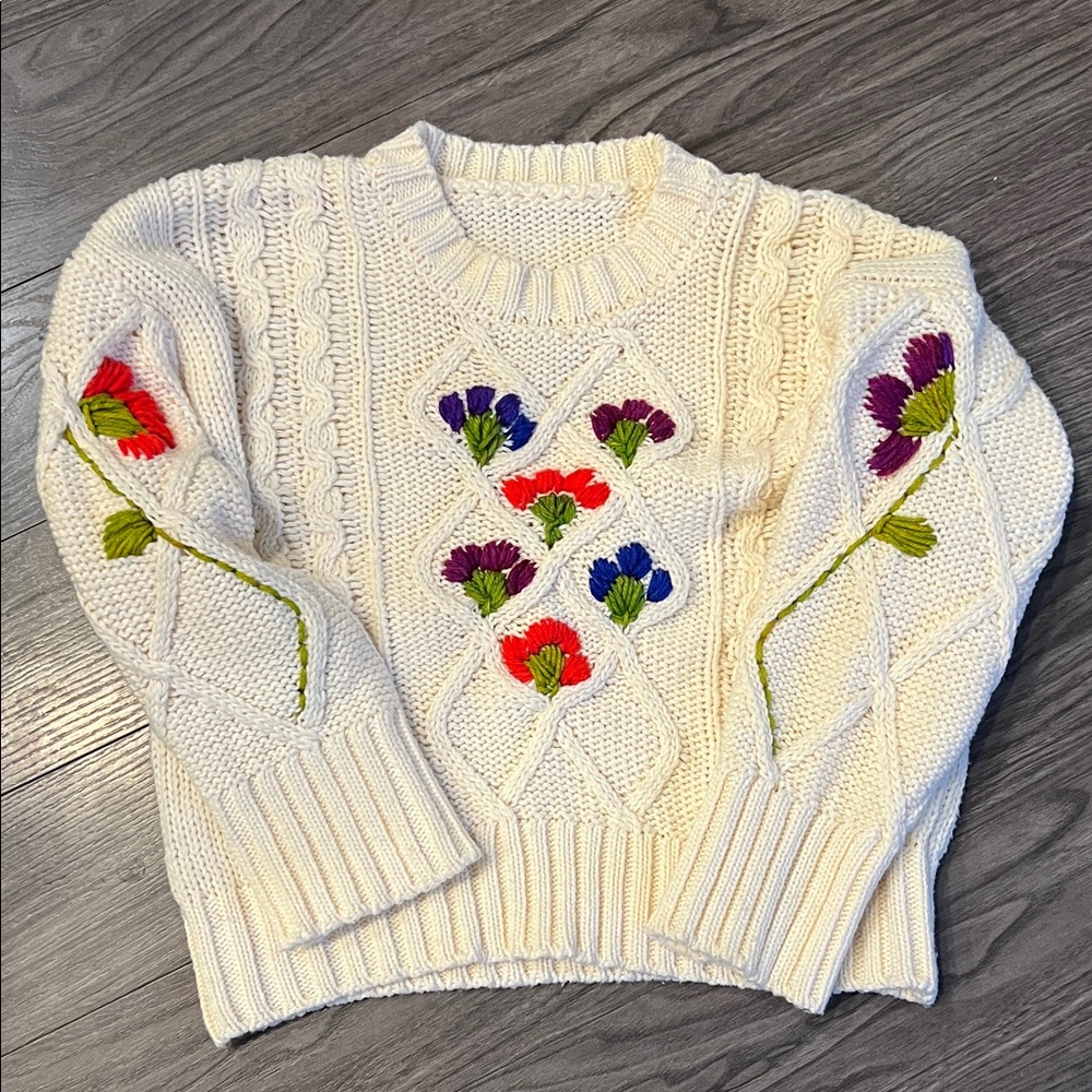 Upcycled Embroidered Flower Sweater | Hand-Stitched Yarn Blooms | M